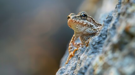 A frog is sitting on a mossy rock. The frog is green and brown. The moss is green and fuzzy