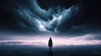 Lonely Voyager in Cosmic Expanse, a surreal digital art piece depicting a solitary figure against the boundless backdrop of outer space, evoking feelings of isolation and wonder.