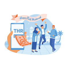 People are happy to receive THR online. People use online banking apps to transfer money. Happy Eid Mubarak concept. Flat vector illustration.