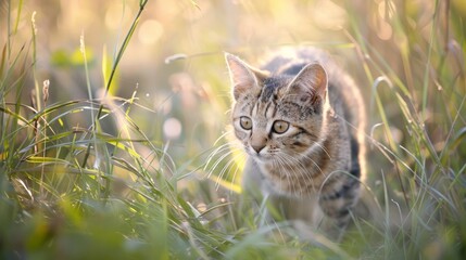 Obraz premium A cat is walking through tall grass. The cat is looking at something in the distance. The grass is tall and dry, giving the scene a somewhat eerie or mysterious feel