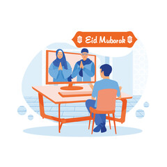 Muslims celebrate Eid al-Fitr online. Muslim man communicating with family on computer screen. Happy Eid Mubarak concept. Flat vector illustration.