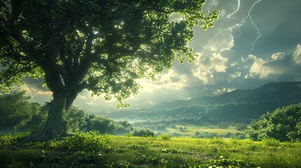 Obraz premium There is a tree in the field grass swaying in the wind professional photography