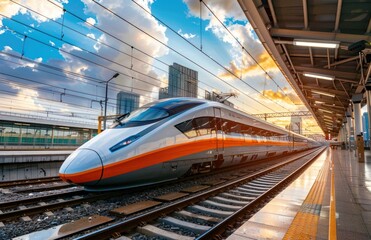 Naklejka premium High-Speed Train at Sunset Station
