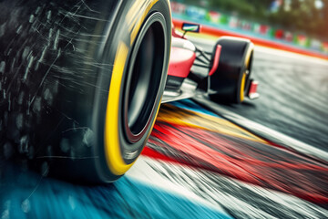 Close-up of a Formula 1 car speeding on a racetrack.