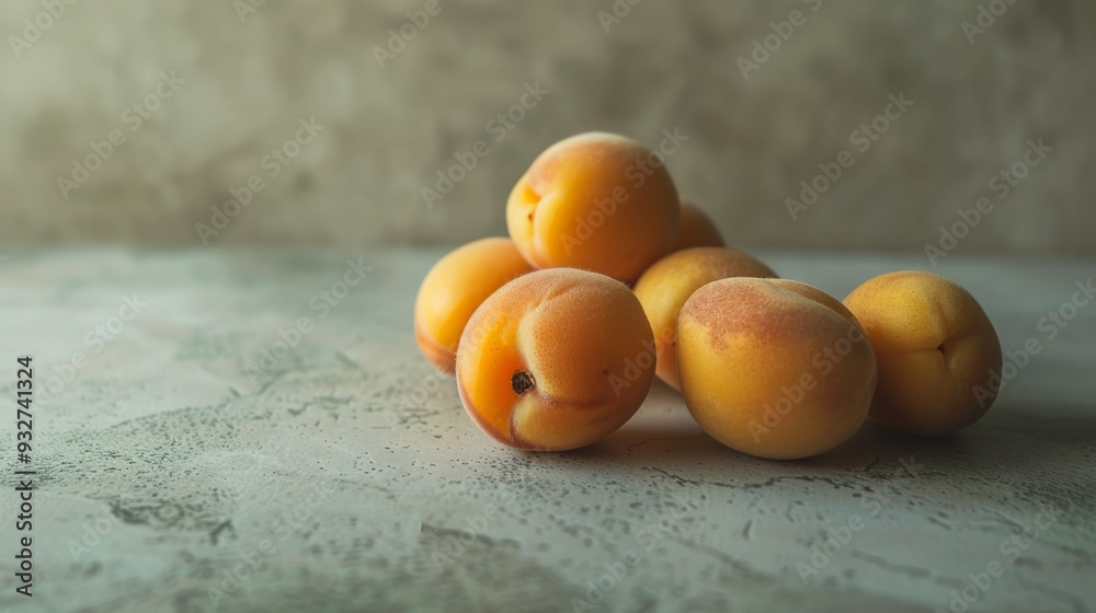 Poster several apricots with a soft focus on their surface details, positioned on a neutral background to e