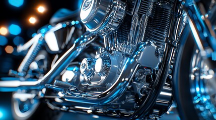 A close-up of a classic motorcycle's engine and chrome details, with reflections of the surroundings in the metal, showcasing craftsmanship and design