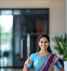 Fototapeta premium an Indian woman wearing a light blue and dark purple sari, standing in front of the office entrance with one hand on her hip, smiling at the camera while make the thumbs up sign