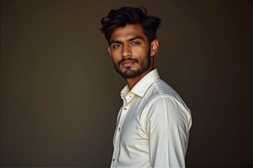 Obraz premium Portrait of a young Indian man in a formal shirt, suitable for professional profiles, business presentations, and personal branding with copy space.