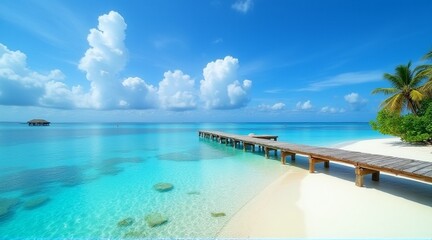 Serene beach view featuring a wooden pier and azure waters, ideal for travel promotions, tourism ads, or screen savers with copy space.