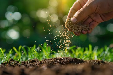 Grass Seeds Planting by Hand. Green Seeds Pouring for Lawn Repair and Growth