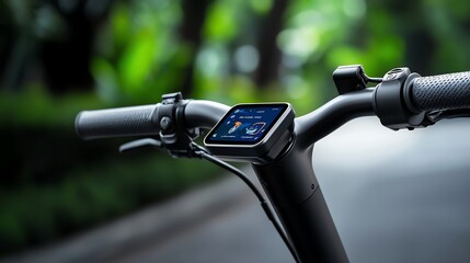 Closeup of an electric bicycle's handlebars with a digital display showing speed and battery life.