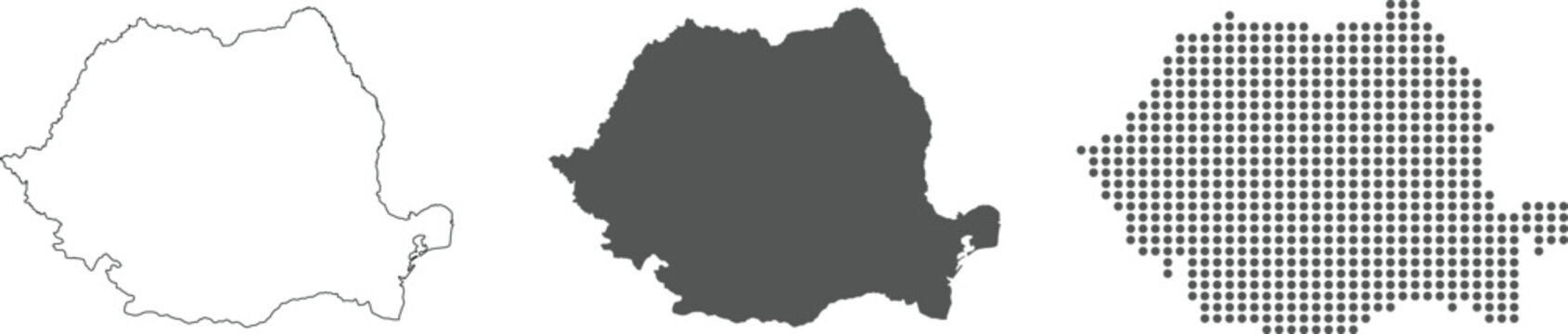 Romania map detailed in outline, grey color, dotted style.