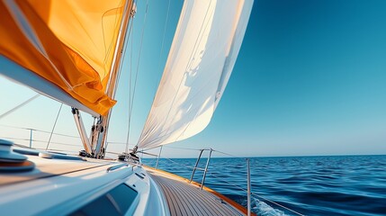 Obraz premium Sailboat sailing on the open ocean with a blue sky.