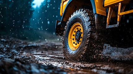Close-up of a muddy tire on a construction vehicle.