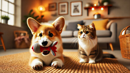 Corgi squeaking a toy in its mouth while a Munchkin cat watches