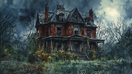 Obraz premium Haunted mansion, overgrown garden, broken windows, Watercolor style 