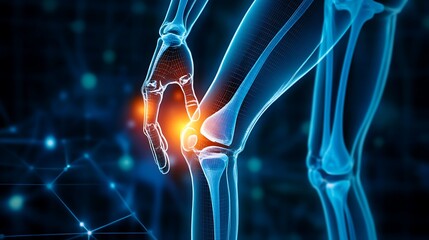 X-ray of a human leg with the knee highlighted in red to indicate pain or injury.