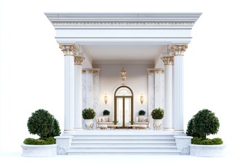 Grand palace veranda with marble columns, luxurious seating, and classical decor