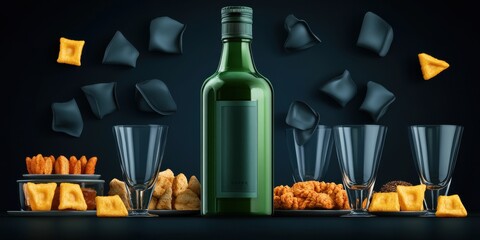 Elegant bar setup featuring a green bottle, glasses, and a variety of snacks including cheese, chips, and pretzels on a dark background