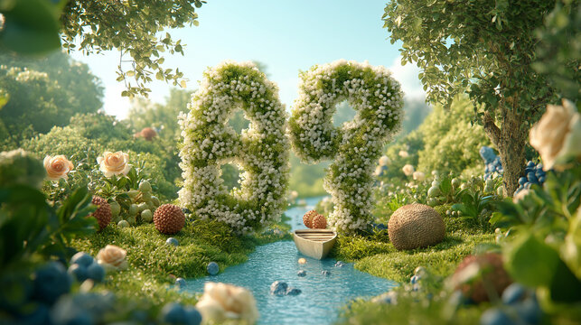 Fruit and farm products advertisement, light blue sky. The ground is covered with grass, trees, roses, and obviously some big wild mushrooms.