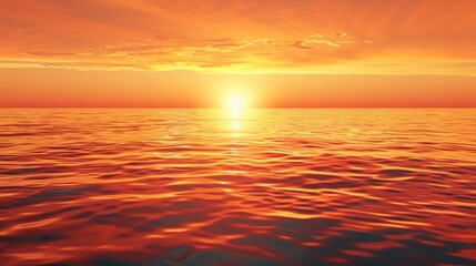 Obraz premium The horizon glows with a brilliant gradient of gold and red, reflecting off the calm waters below as the sun dips below the horizon.