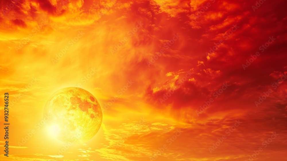 Poster the sun sets in a blaze of fiery colors, with the sky transitioning from bright yellow to deep crims