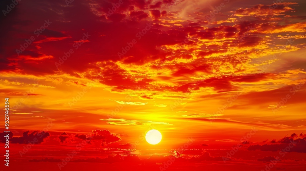 Poster the sun sets in a blaze of fiery colors, with the sky transitioning from bright yellow to deep crims