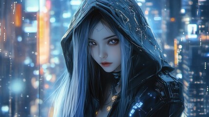 Anime girl cyborg character with long white hair wearing a hood in a modern cyberpunk style background wallpaper AI generated image