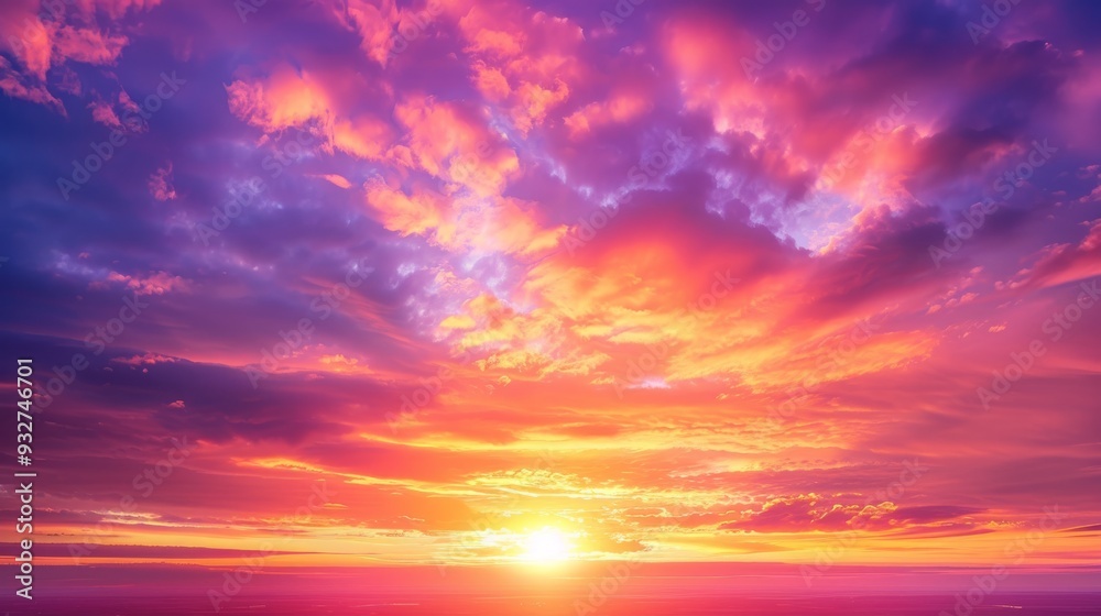 Poster The setting sun creates a spectacular display of color, with vibrant oranges and deep purples merging into a beautiful evening sky.