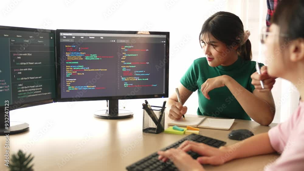 Wall mural slow motion back end software developer engineer for computer programming working together on debugg
