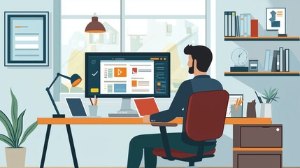 A professional conducting remote training from a well-organized home office, with instructional materials displayed on the screen