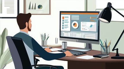 A professional conducting remote training from a well-organized home office, with instructional materials displayed on the screen
