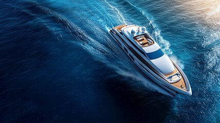 Luxury yacht speeding across the ocean waves, aerial view.