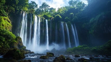 Naklejka premium Serene Waterfall in Lush Jungle