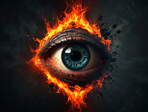 Abstract burning fire inside, flames coming out of eye sockets