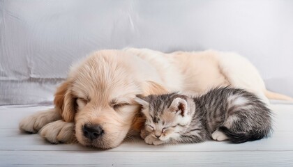 Obraz premium 仲良く一緒に寝ているゴールデンレトリバーの子犬と猫（Golden retriever puppy and cat sleeping together） 