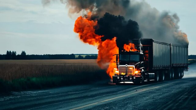 Burning truck on the road. A faulty fuel system or electrical wiring caused the fire. FHD video.