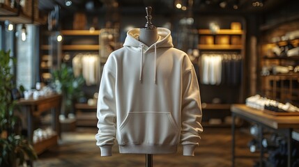 mock up of plain white hoodie in shop displayed on mannequin, mannequin standing in front of clothes rack