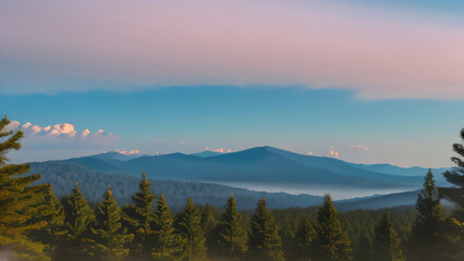 Serene Mountain Landscape with Pine Forest at Sunrise