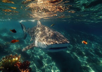 Fototapeta premium Majestic Whale Shark Swimming Underwater Surrounded by Tropical Fish in Vibrant Coral Reef Habitat - Stunning Marine Life Photography