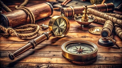 Fototapeta premium Pirate artifacts on captain's desk with vintage compass, magnifying glass, and other accessories