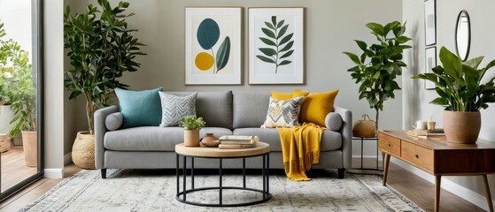 Stylish living room featuring a grey sofa, yellow armchair, and vibrant indoor plants. Contemporary decor with elegant lighting and a cozy atmosphere perfect for relaxation.