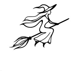single line vector drawing, witch flying on a broom, Halloween