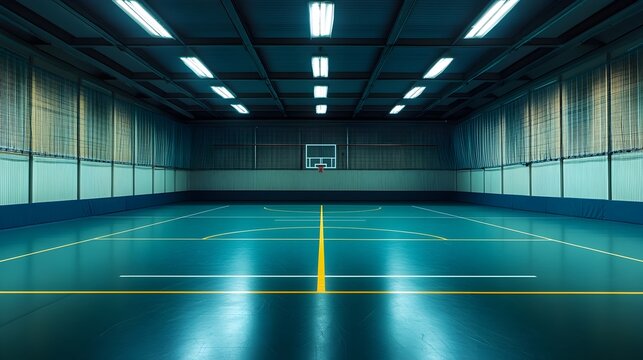 Bright and Energetic Handball Court Indoor for Competitive Sports Event or Training Session  Well Lit Gymnasium with Goals at Each End Ready for Intense Team Match