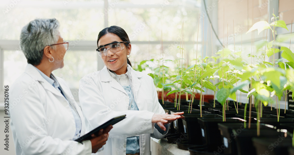 Wall mural Research, science and people with tablet, plants and collaboration with mentor, expert or advice. Women, employees and feedback with tech, knowledge and digital app for gmo results and agriculture