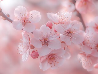 Obraz premium Delicate pink cherry blossoms in full bloom on a branch.