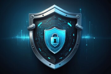 Fototapeta premium Metallic shield with glowing blue lock, depicting digital security