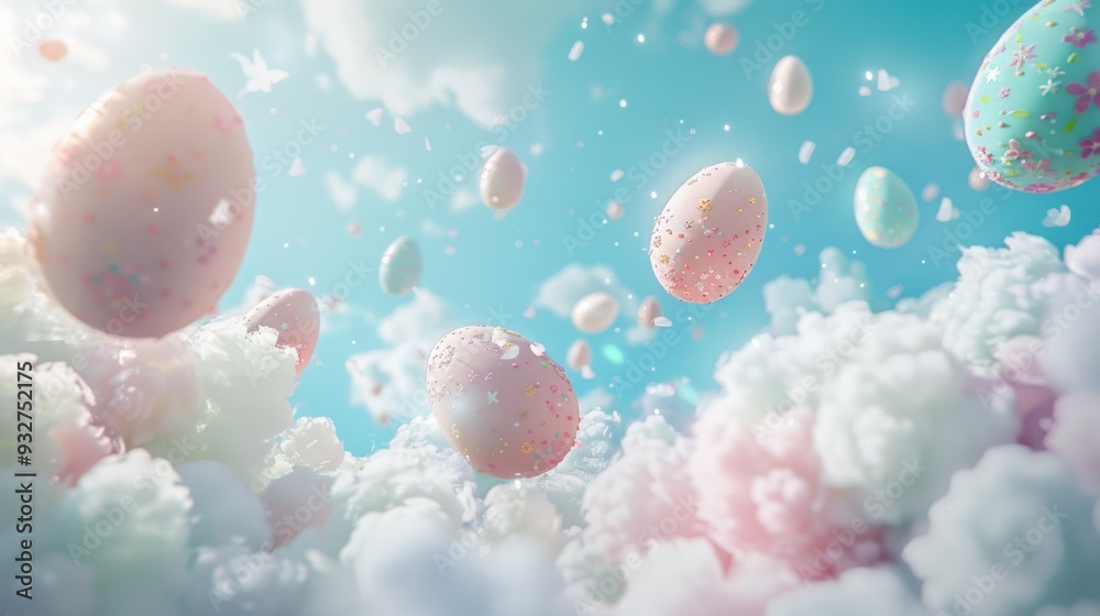 Aufkleber Whimsical Easter card background featuring a dreamy scene of a pastel sky with floating Easter eggs and fluffy clouds on a soft, blue canvas