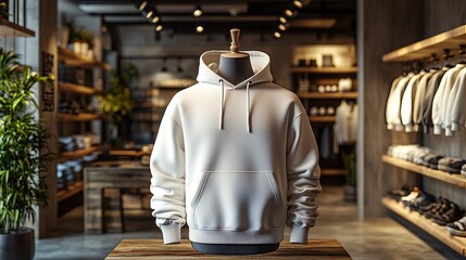 Fototapeta premium mock up of plain white hoodie in shop displayed on mannequin, mannequin standing in front of clothes rack