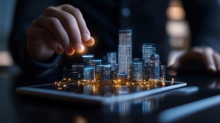Obraz premium A person's hand is seen interacting with a digital city model on a tablet, showcasing the future of urban planning, smart city concepts, and technological advancements.